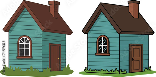 Two cartoon houses silhouette isolated on transparent background
