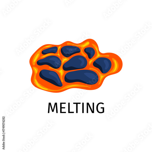 A vibrant vector illustration depicting the process of solid rocks melting into hot, flowing orange lava