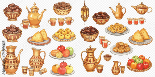 A vibrant collection of traditional Middle Eastern food and drink items, including dates, sweets, fruits, and ornate teapots with cups, set against a light background.