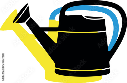 Black silhouette of a watering can with a contrasting bright blue handle and a striking yellow shadow or highlight, representing gardening, spring, care, growth, or home design element.
