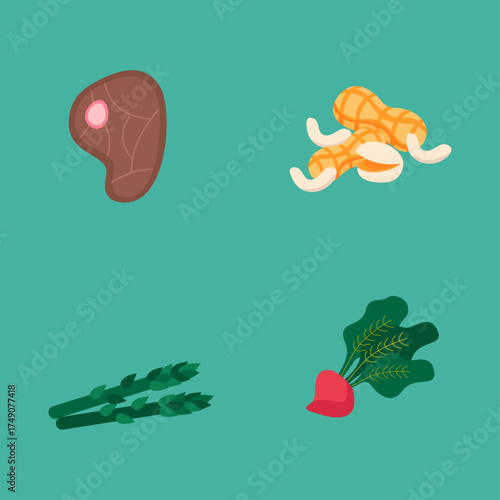 Collection of Healthy Food Items Steak, Peanuts, Asparagus, and Radish on a Teal Background