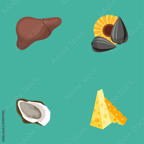 Healthy Food Icons Liver, Sunflower Seeds, Oyster, and Cheese - Nutrient-Rich Options