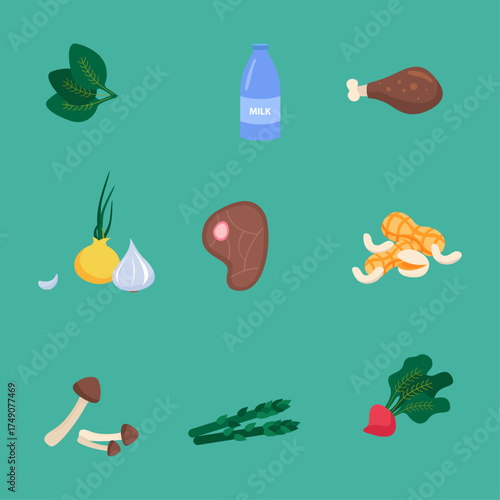 Healthy food assortment including vegetables, meat, dairy, and legumes for a balanced diet