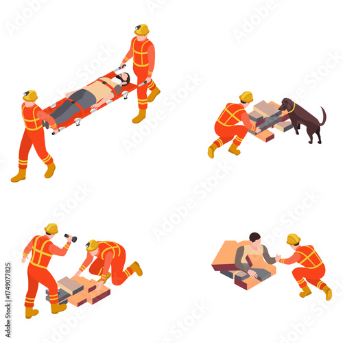 Emergency rescue workers assisting injured person, searching with dog, and building safety shelters