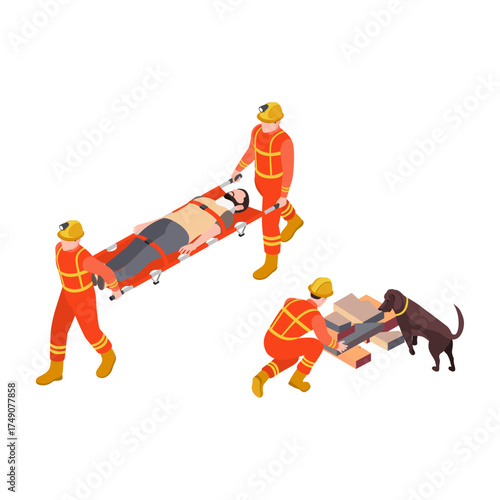 Emergency rescue team transporting injured person and assisting with rescue operation with dog