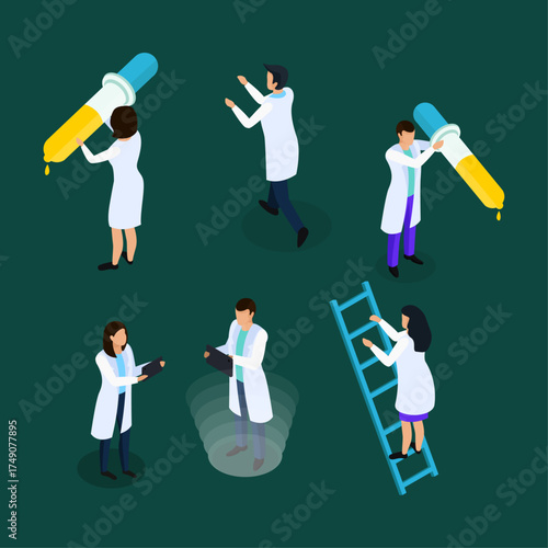 Scientists in lab coats working with pipettes and ladders, illustrating research and development