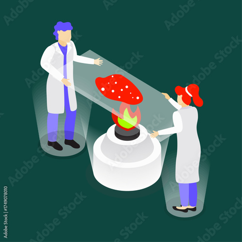 Scientists conducting a scientific experiment with fire and a petri dish on a dark background