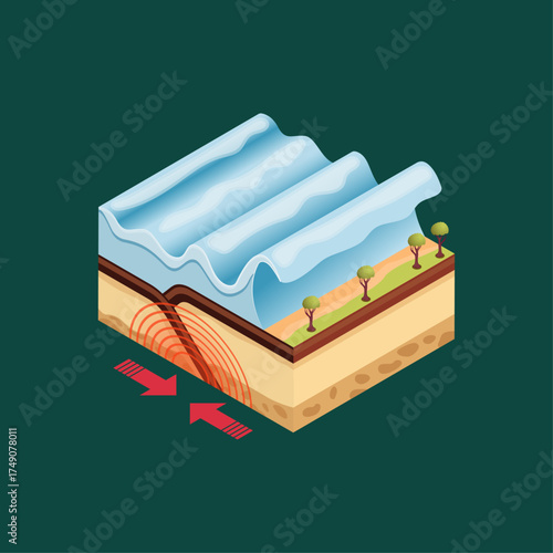 Tectonic Plate Movement Causing Ocean Waves and Land Displacement Illustration