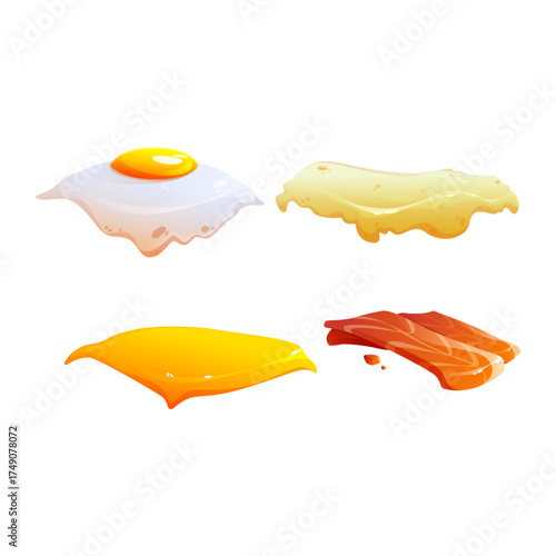 Assorted Fast Food Ingredients Isolated on White Background - Eggs, Cheese, and Meat
