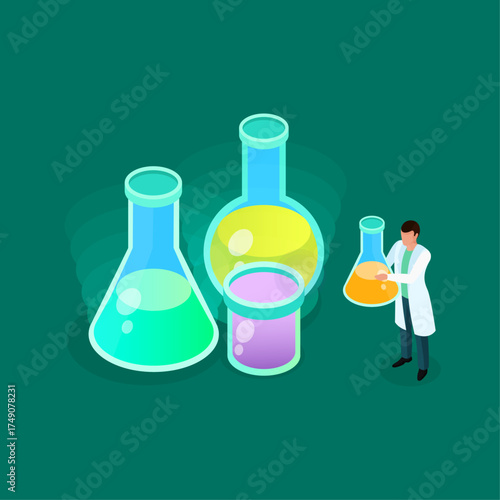 Isometric illustration of laboratory glassware and a scientist holding a beaker with colorful liquids