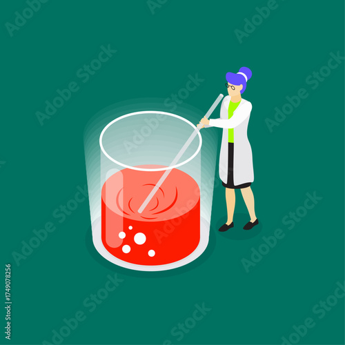 Scientist in white coat stirring red liquid in a beaker on a green background, science laboratory experiment