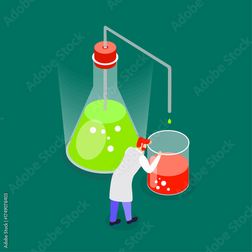 Scientific experiment with a researcher in a lab coat and beakers filled with colorful liquids