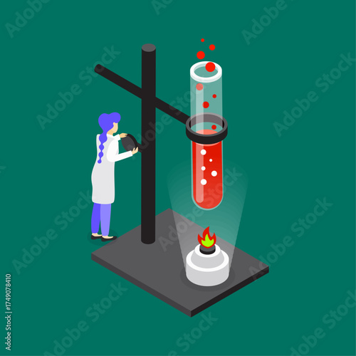 Scientific research and discovery scientist working with test tube and burner in laboratory