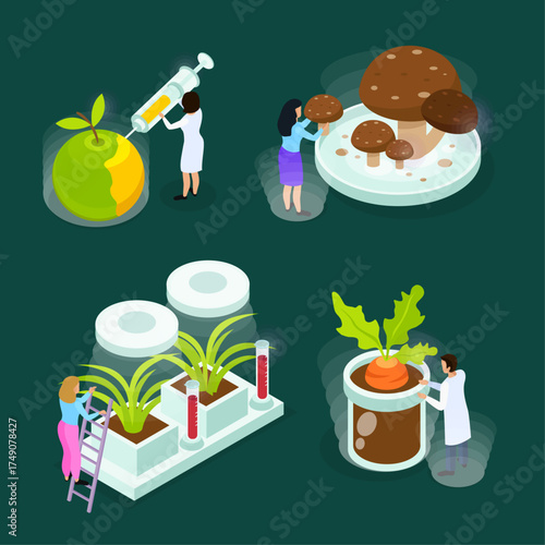 Illustrations of scientific advancements in agriculture and food production technology