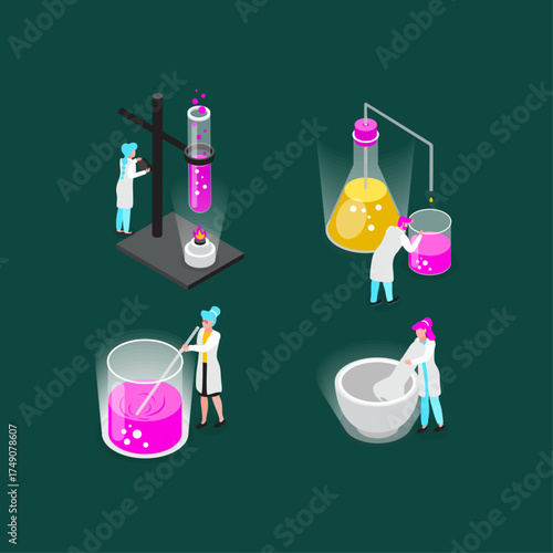 Scientists conducting chemical experiments with pink liquid in laboratory glassware