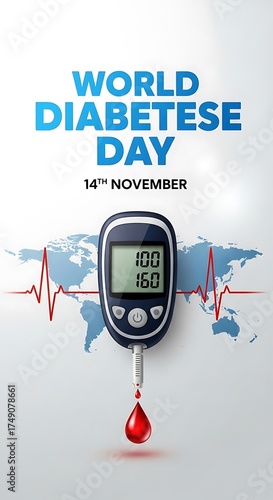 World diabetes day awareness poster with glucometer showing blood sugar level isolated on white background, 14th november campaign