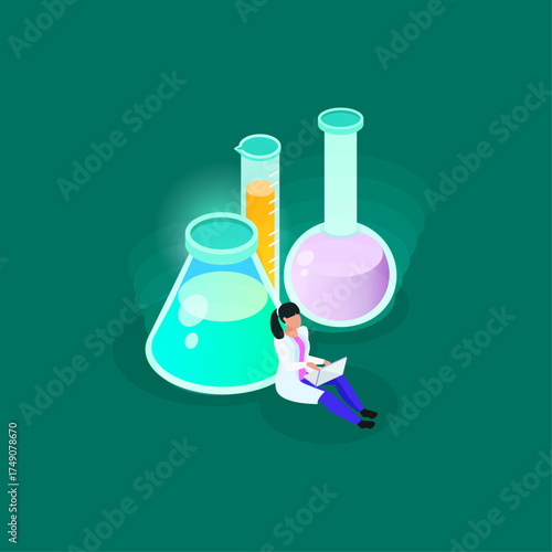 Scientist Analyzing Data on Laptop Beside Various Glass Beakers with Liquids in Laboratory