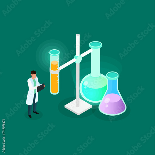 Isometric illustration of a scientist conducting a chemical experiment with beakers and test tubes