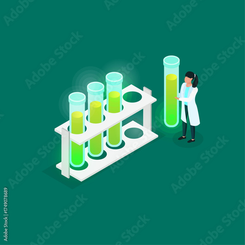 Research laboratory with scientist observing glowing green liquid in test tubes