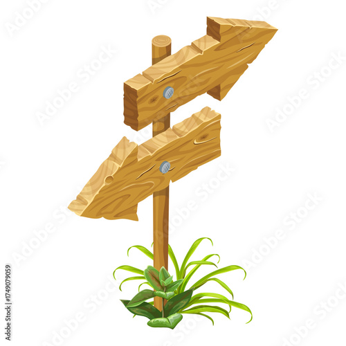 Wooden Directional Signpost with Arrows Pointing in Opposite Directions Amidst Greenery