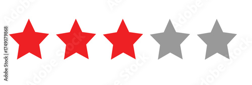 Three Star Rating Vector – Red and Gray Five-Star Review Icon Representing Average or Mediocre Feedback