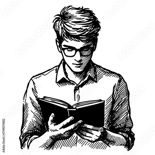 Young man with glasses reading a book while sitting indoors  