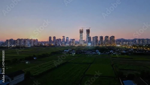 Wallpaper Mural Aerial view showcasing a cityscape skyline at sunset, farmland, buildings, and construction cranes Torontodigital.ca