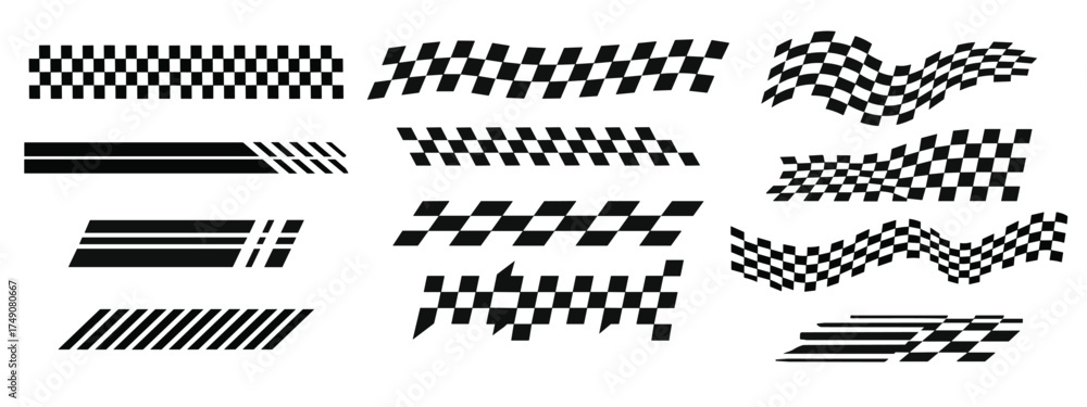 Obraz premium Racing Flag and Finish Line Vector Set. Collection of checkered patterns, speed stripes, and motion graphic elements. Motorsport and automotive design asset for car decals.