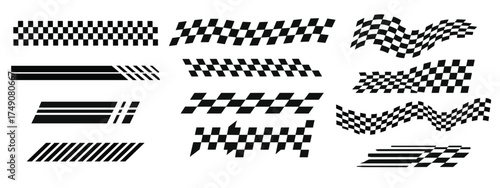 Racing Flag and Finish Line Vector Set. Collection of checkered patterns, speed stripes, and motion graphic elements. Motorsport and automotive design asset for car decals.