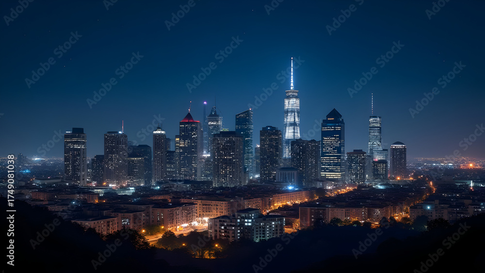 Obraz premium Panoramic view of the city skyline illuminated at night creating a vibrant urban scene