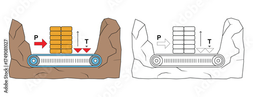Conveyor belt pressure and tension diagram – mechanical engineering illustration, Conveyor belt diagram, Belt tension illustration, Industrial conveyor system, Mining belt process