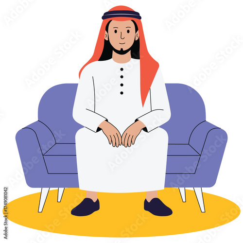 Arab man sitting peacefully and relaxing in traditional attire Illustration