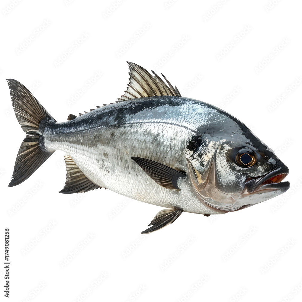 Fototapeta premium Silver fish, isolated, detailed scales, dark fins, open mouth