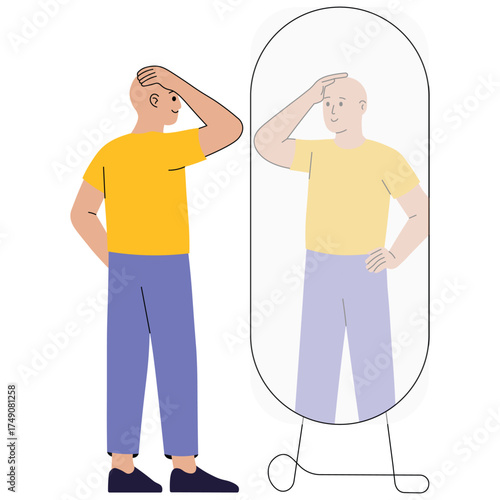 Person looking into mirror with thoughtful or confident expression Illustration