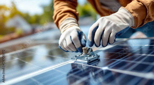 Skilled Worker Installing Solar Panel Bracket with Gloves on Bright Sunny Day
