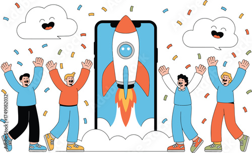 People celebrating a successful rocket launch from a smartphone screen displaying exciting animation