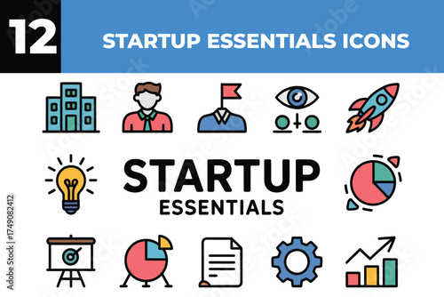 Collection of 12 startup essentials icons for business growth and project success
