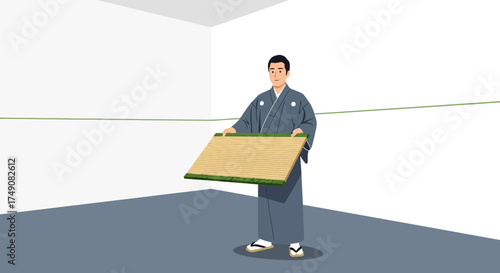 Illustration of a man in traditional kimono holding tatami mat in a room setting