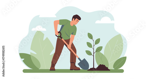 Illustration of a man planting a tree symbolizing environmental conservation efforts and green