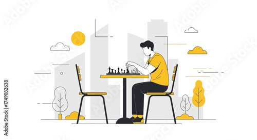Illustration of a man playing chess outdoors with buildings and nature as background