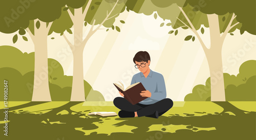 Illustration of a man reading a book in a park under trees with sunlight rays, creating a peaceful
