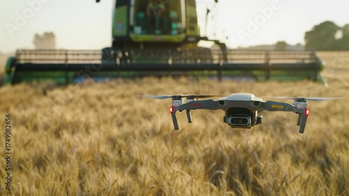 Weathered hands of a farmer in plaid control a sleek drone remote, as a quadcopter flies over a golden wheat field with a combine harvester under golden hour light. Modern agriculture technology.