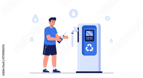 Illustration of a man refilling a reusable water bottle at a public hydration station promoting