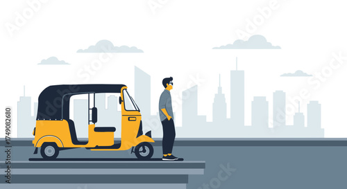 Illustration of a man standing beside a yellow auto rickshaw with city skyline in the background