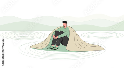 Illustration of a man seeking comfort and isolation under a blanket in zen garden