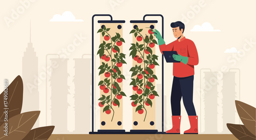 Illustration of a man tending to hydroponic tomato plants in an urban setting garden