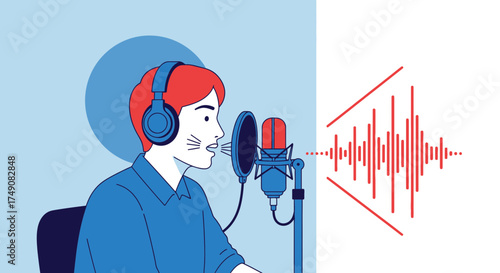 Illustration of a person recording audio with microphone and headphones in studio setup