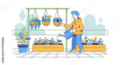 Illustration of a person watering plants in a greenhouse with hanging baskets and plant boxes