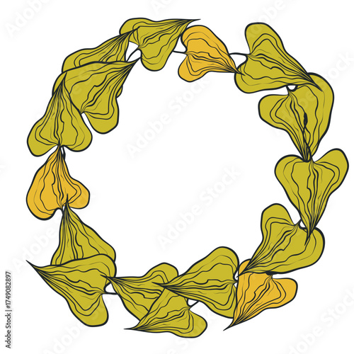 Hand drawn plants, dividers, wreaths, border frames. Circle floral frame with leaves on white background. Vector hand drawn illustration for wallpaper, posters, card. Copy space. Doodle style.