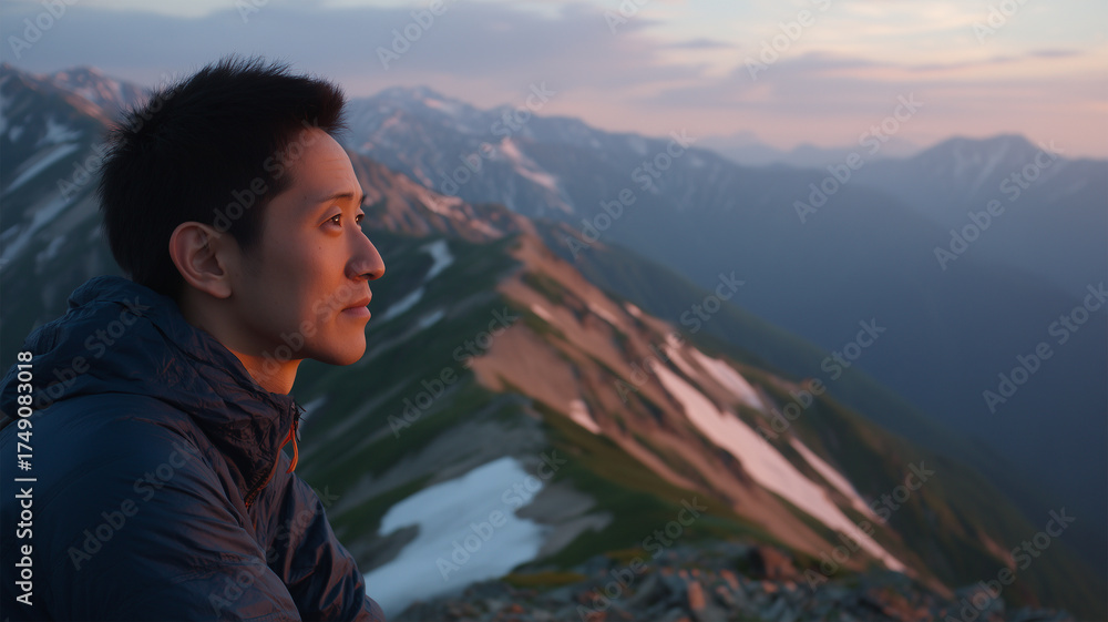 Naklejka premium 男性が穏やかな夕方の雪山稜線で日差しを受け遠くの峰を眺める、日本人